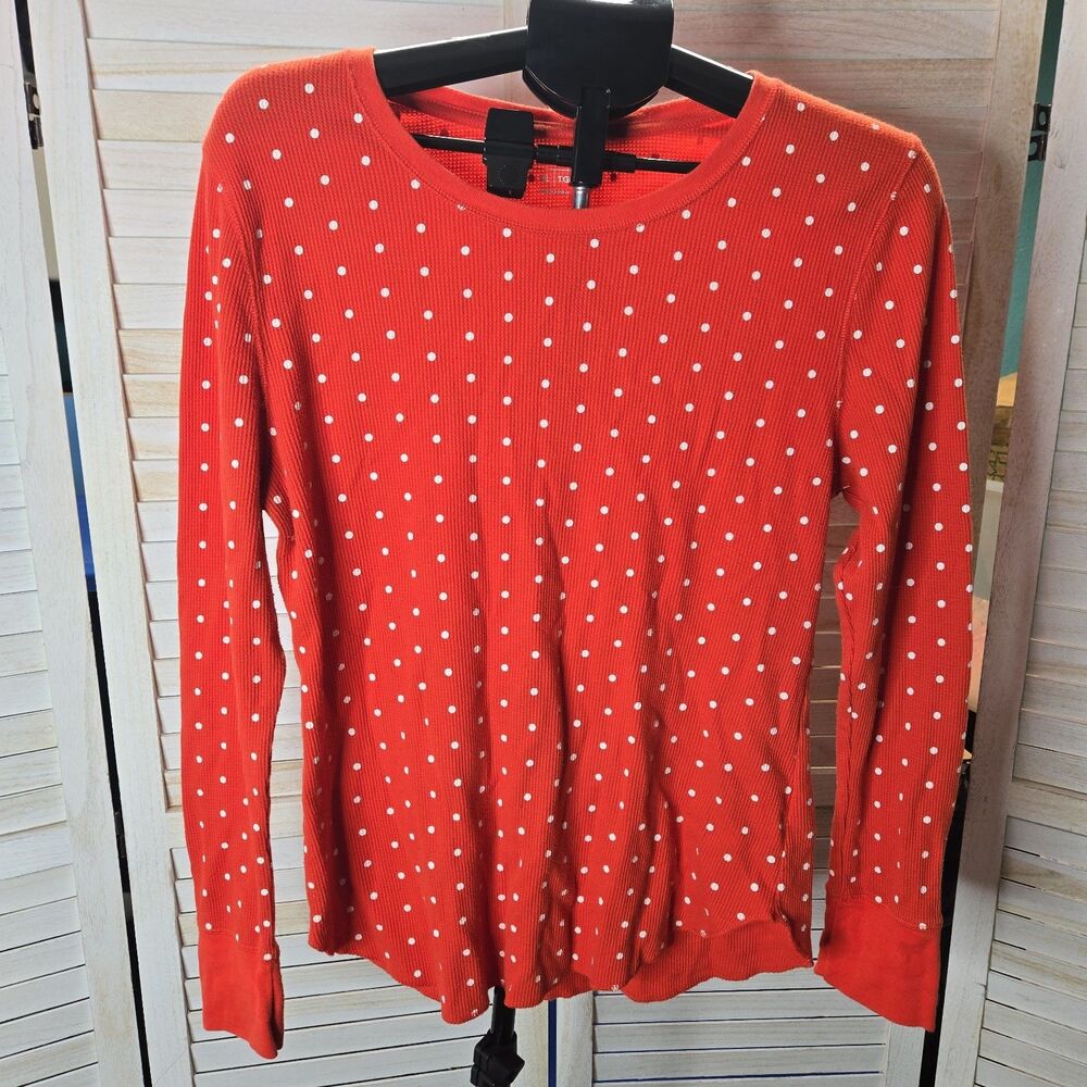 Old Navy Polka Dot Top Orange & White Long Sleeve Waffle Knit XL Autumn Casual